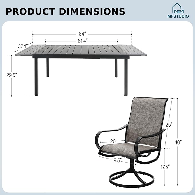 MFSTUDIO Outdoor Dining Set for 6, Expandable Patio Table and Chairs Set, 7 Piece Patio Dining Set for Deck/Backyard/Poolside/Garden