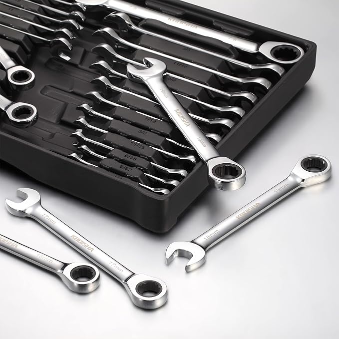 kboisha 24-Piece Ratchet Wrench Set, 72-Tooth Ratcheting Combination Wrench Set with Metric & SAE 8-19mm and 1/4" to 3/8" CR-V Standard Wrench Set with Organizer Box