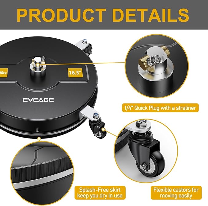EVEAGE 16.5" Black Pressure Washer Surface Cleaner, Stainless Steel Power Washer Surface Cleaner w/Extension Wand, Wheels 4 and Replacement Nozzle -Powerful Pressure Washer Attachment(16.5 Black)