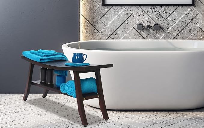 DecoTeak 29” Satori Teak Shower Bench – Full-Size Waterproof Bathroom Seat for Adults & Seniors | Sturdy 250 Pound Capacity | Spa-Style Teak Stool with Shelf, Non-Slip Feet | Elegant Brown Wood Finish