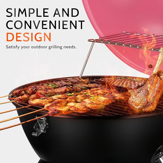 14-Inch Portable Barbecue Grill,Outdoor Small Grill with Dual Venting System and Warming Rack for Picnic, Camping, Backyard,Pink