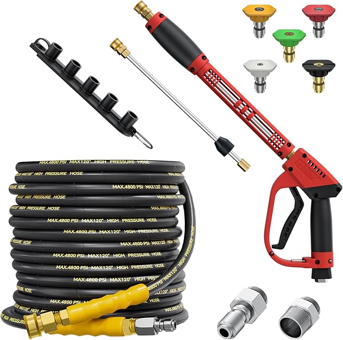 5000PSI Pressure Washer Gun and Hose Kit, 50FT Kink Resistant Steel Braided Power Washer Hose with 3/8" Swivel Quick Connector and M22 14mm Adapters Replacement/30 Extension Washer Wand