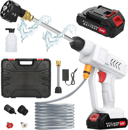 6L/min Cordless Pressure Washer, 18 bar Portable High Pressure Electric Washer with 2 Batteries, 6 in 1 Nozzle Cordless Battery High Pressure Washer, Sprays 6-10m Away, for Car/Floor/Patio Cleaning