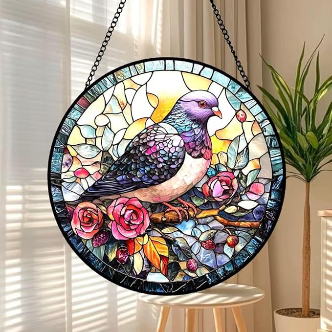 Stained Glass Window Hanging - Purple Bird and Pink Flowers Suncatcher fof Garden Home Decor for Women Mon Grandma Friends