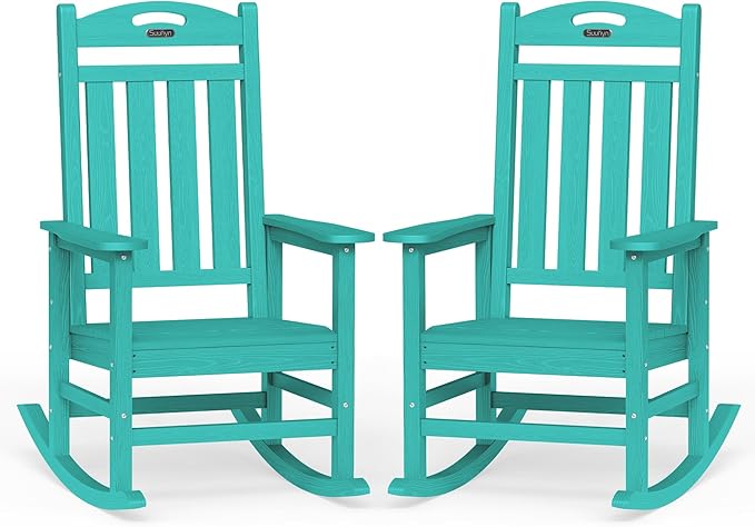 Oversized Outdoor Rocking Chair Set of 2, High Back Porch Rocker Chair, HDPE All Weather Resistant Rocking Chairs for Patio,380lbs Weight Capacity, Lake Blue