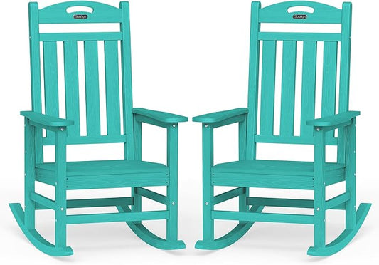 Oversized Outdoor Rocking Chair Set of 2, High Back Porch Rocker Chair, HDPE All Weather Resistant Rocking Chairs for Patio,380lbs Weight Capacity, Lake Blue