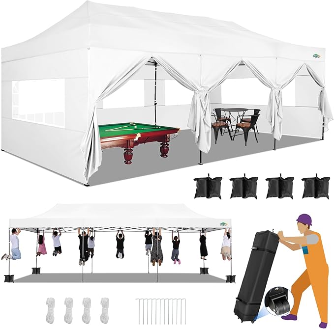 COBIZI 10x30 Heavy Duty Pop up Canopy with 8 sidewalls Stable Wedding Outdoor Tents for Parties Canopy Pop Up Party Tent UPF 50+ Waterproof Commercial Gazebo with Roller Bag, White(Windproof Upgraded)