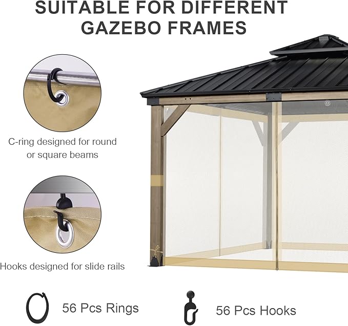 BPS 10' x 10' Gazebo Universal Mosquito Netting Screen Replacement, 4-Panel Screen Walls with Double Zippers for Outdoor Patio, Khaki (Mosquito Net Only)