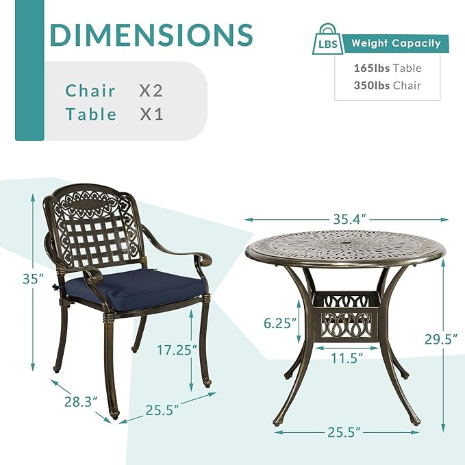 MEETWARM 3 Piece Patio Bistro Set, Outdoor All-Weather Cast Aluminum Dining Furniture Set Includes 2 Chairs with Cushions and a 35.4” Round Table with Umbrella Hole for Garden Deck, Navy Blue