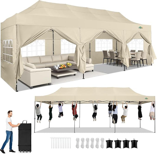 COBIZI 10x30 Pop up Canopy Heavy Duty with 8 Sidewalls, Easy Set-up Commercial Outdoor Party, 100% Waterproof Wedding Canopy Gazebo, 3 Height Adjustable with Wheeled Bag, Khaki