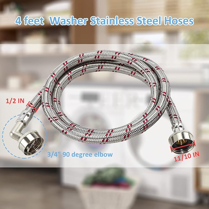 【UPGRADE】4FT Washing Machine Hoses with 90 Degree Elbow Premium Stainless Steel Burst Proof (cost-effective 2 pack) Red and Blue Striped Water Connection Inlet Supply Lines by Cenipar