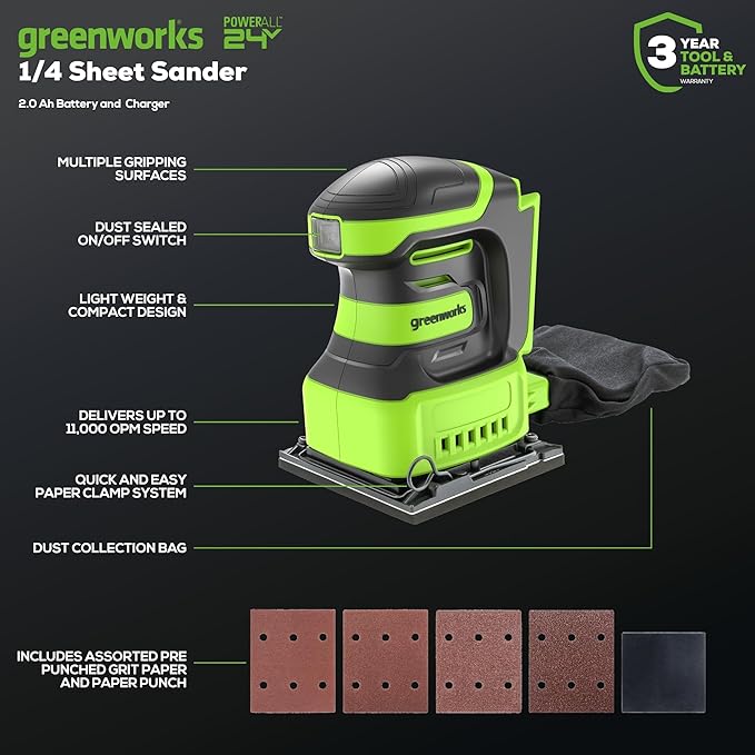 Greenworks 24V Cordless 1/4 Quarter Sheet Sander Tool Only, 11,000 OPM Sander with Dust Collection Bag and Sandpaper
