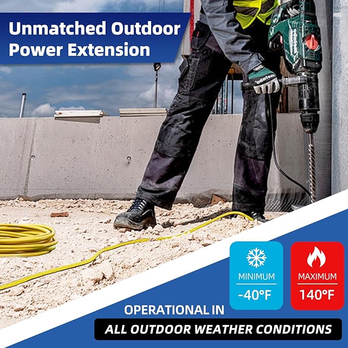 12 Gauge Outdoor Extension Cord 100 FT Waterproof, 3 Prong Plug, SJTW Heavy Duty 15A 1875W, Yellow Extension Cable with Lighted end for Commercial Use and Major Appliances, ETL Listed