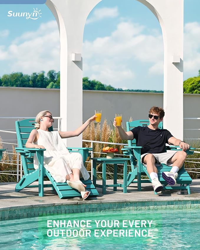 Folding Adirondack Chair with Retractable Ottoman Weather Resistant Fire Pit Chair Patio Chair with 2 Cup Holder Lawn Outdoor Lounge Chair (Tiffany Blue)