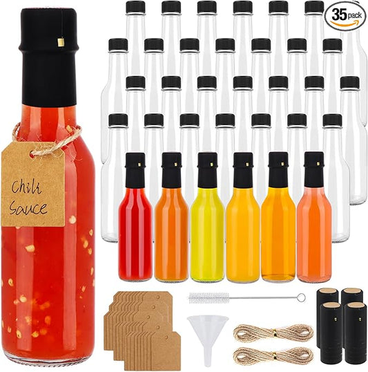 Hot Sauce Bottles 5 oz, 35 Pack Glass Woozy Bottles with Leak Proof Black Caps, Shrink Capsules & Brush, 150ml Empty Bottles for Hot Sauces, Home Bottling, Oils, Vanilla Extract & Gifts