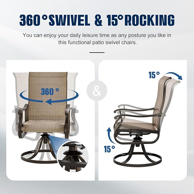 UDPATIO Patio Swivel Dining Chairs Set of 2, Outdoor Dining Chairs High Back with All Weather Breathable Textilene, Metal Rocking Frame for Lawn Garden, Brown