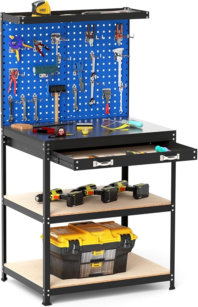 Goplus Workbench with Drawer, 32" x 16" Heavy-Duty Work Table with 2 PCS Pegboard & 4 Shelves, 19 Hanging Hooks, 495LBS Capacity, Metal Tool Storage Work Bench for Garage, Workshop, Home