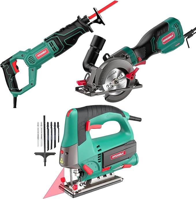 HYCHIKA 6.7A Jig Saw, Reciprocating Saw, 6.2A Mini Circular Saw with 3 Blades, 3-Tool Power Tool Set Combo Kit
