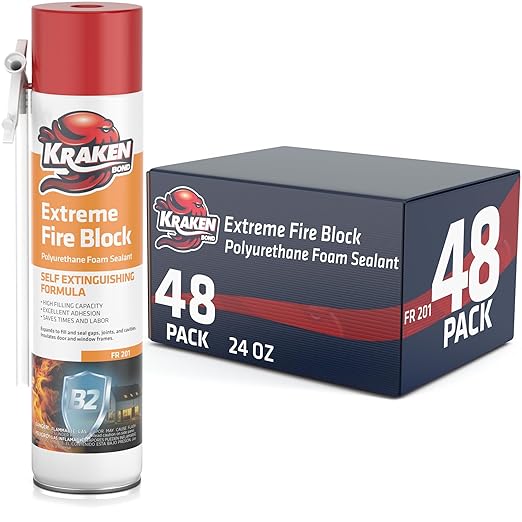 Kraken Bond Extreme Orange Fire Block Foam - (48x24oz) Fire Rated Polyurethane Spray for Gap Filling, Sealing on Windows, Walls, Joints & Pipes, Straw Use High Expansion Fire Proof Foam - 48 Pack
