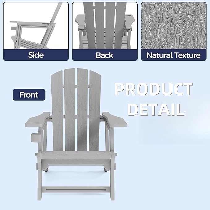 Adirondack Chair Set of 2, All Weather Plastic Adirondack Chairs, Fire Pit Chairs with Cup Holder, Outdoor Lawn Chair for Patio, Garden, Backyard, Grey