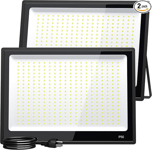 XXBSAZ 2 Pack 300W LED Flood Lights Outdoor, 37,000LM Plug-in Hardwire Work Light IP66 Waterproof - 6500K Daylight Bright for Yard, Garage, Stadium