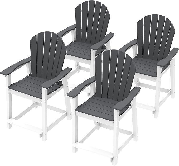 OTSUN Outdoor Tall Adirondack Chairs Set of 4, Patio Bar Stool Chair with High Back, 400lbs, Widened Arms, All-Weather Balcony Chair for Backyard, Garden, Yard （4PCS, White & Grey）