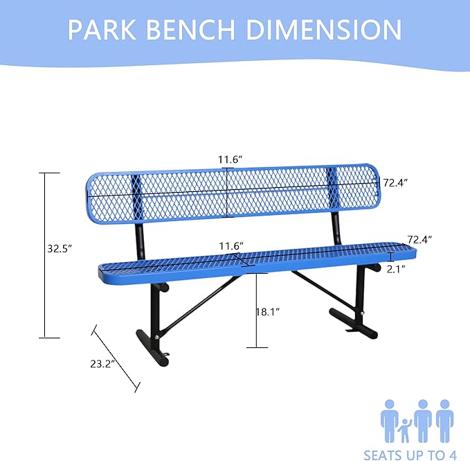 6 Ft Metal Park Bench for Outside, All-Weather Thermoplastic Coating Outdoor Bench with Backrest, Commercial Heavy Duty Benches for Shopping Malls, Stores, Parks, Patios, Decks, Blue