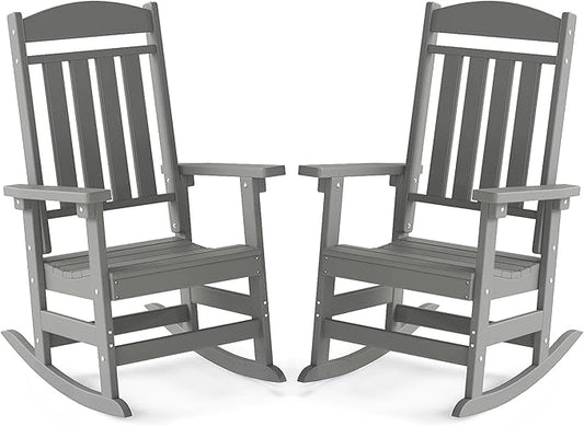 FOOWIN Outdoor Rocking Chair Set of 2, High Back Patio Rocking Chair, HDPE All Weather Resistant Porch Rocker for Adult, Oversized Rocking Chairs for Garden, Lawn, Indoor & Outdoor Use, Grey