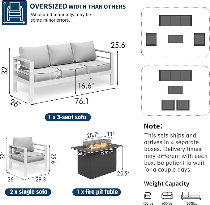 UDPATIO 8 Piece Aluminum Patio Furniture Set with Aluminum Fire Pit Table,Mordern Outdoor Furniture Set with Water-Proof Cover Included, White