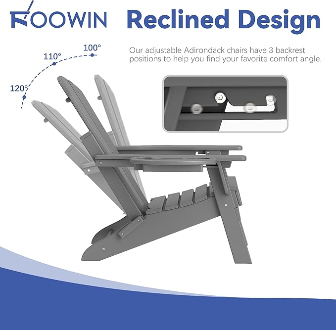 FOOWIN Folding Adjustable Adirondack Chair Set of 6,HDPE Adirondack Chair w/4 in 1 Cup Holder Trays,All-Weather Resistant Fire Pit Chair, Outdoor Chair for Patio Lawn Poolside,400lbs,Dark Grey