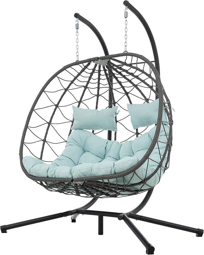 Wicker Hanging Chair with Stand,Indoor/Outdoor Swing Egg Chair with Cushion,Hammock Chair for Bedroom Living Room Patio Balcony Porch Garden,550Lbs Capacity Blue 2 Seat