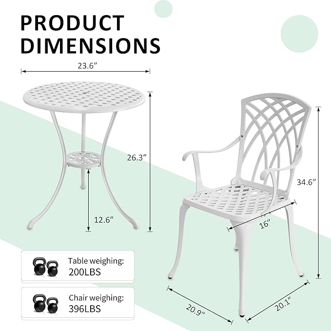 3 Piece Patio Bistro Set, Outdoor Cast Aluminum Bistro Table and Chairs Set of 2 with Umbrella Hole, All Weather Resistance Metal Bistro Table for Front Porch Set,White