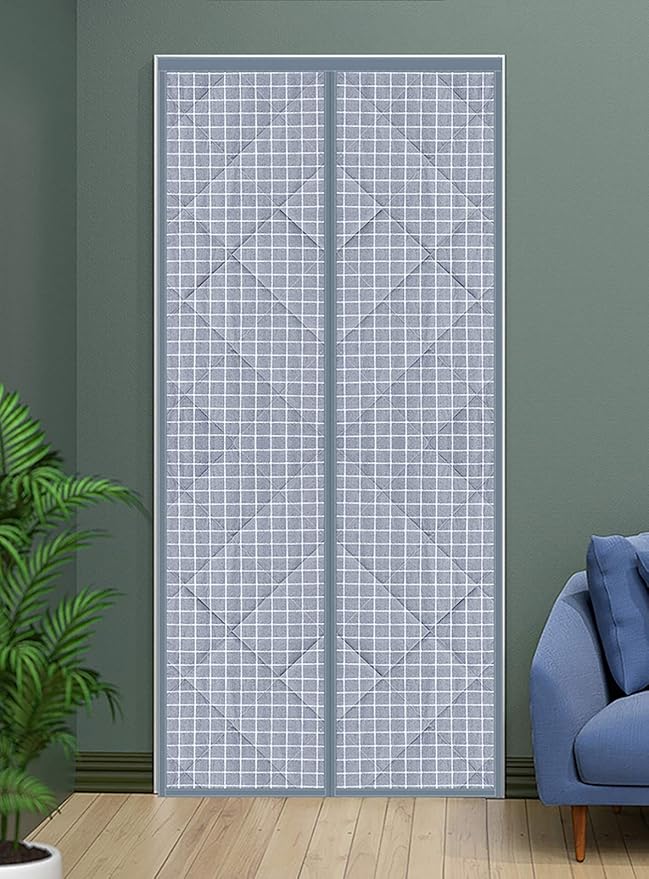 Magnetic Thermal Insulated Blackout Door Curtain Storm Wind Fleece Insulation Curtian Magnetic Screen Door with Thermal and Insulated Waterproof 47"x86" Inch Lattice Pattern Grey