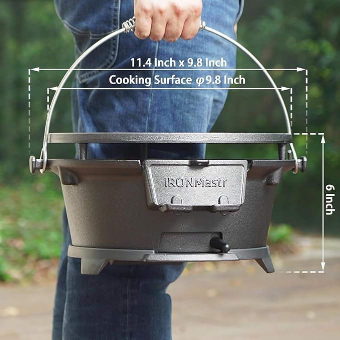 IronMaster Hibachi Grill, 100% Cast Iron, Tabletop Small Portable Charcoal Grill for Outdoor Camping - 2 Heights, Air Control, Coal Door, Ideal for 2 People