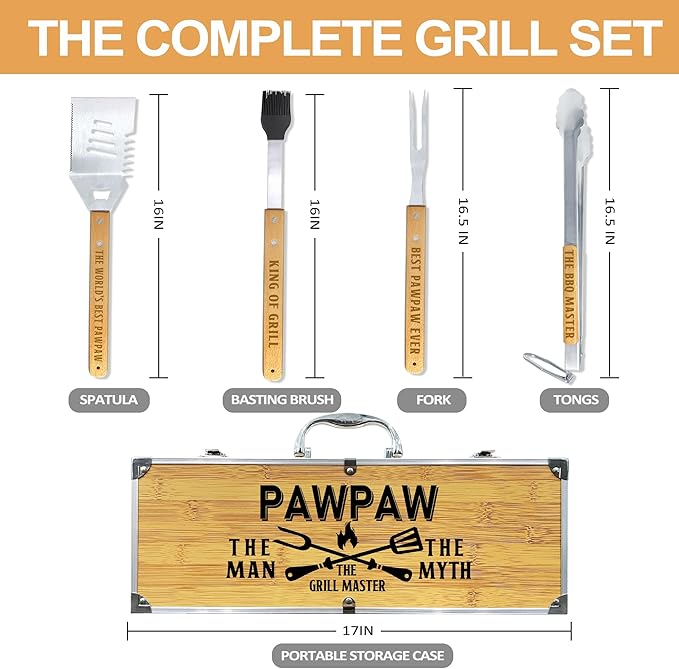 Paw Paw Gifts, Christmas Pawpaw Gifts from Grandkids Heavy Duty Wooden BBQ Grilling Accessories Kit for Backyard, Thick Stainless Steel Grill Utensils with Non-Slip Handle Tools in Portable Bag