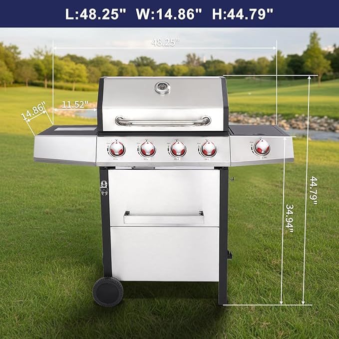 4-Burner Gas Grill with Side Burner, 49,000 BTU, Outdoor BBQ Grill with Cast Iron Grates, Griddle and Charcoal Pan, 3-in-1 Convertible Cooking, Easy-Clean System & Side Shelves