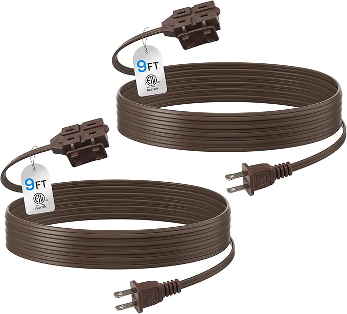 BN-LINK 9ft Indoor Extension Cord, 2 Pack, 3-Outlet Polarized Flat Cable, Household Power Cord for Home, Office, and Holiday Decorations, Brown