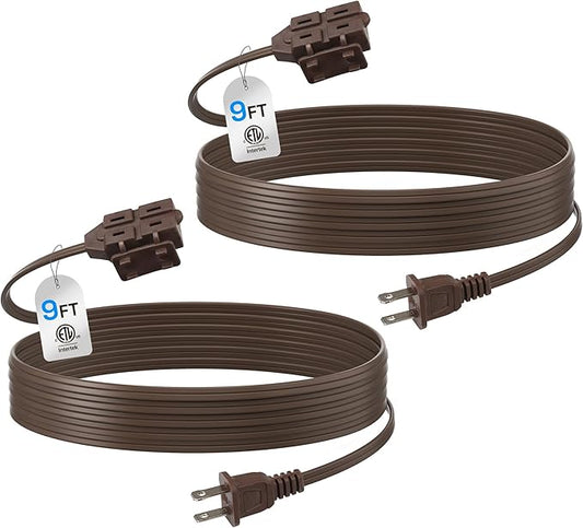 BN-LINK 9ft Indoor Extension Cord, 2 Pack, 3-Outlet Polarized Flat Cable, Household Power Cord for Home, Office, and Holiday Decorations, Brown