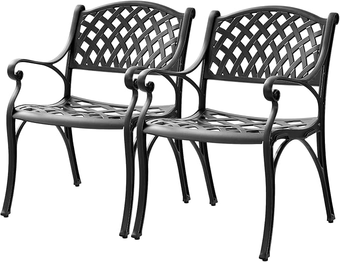 Cast Aluminum Patio Chairs - Outdoor Patio Furniture, Metal Bistro Chairs Set of 2 with Armrest, All Weather Patio Dining Chairs for Garden, Yard, Black