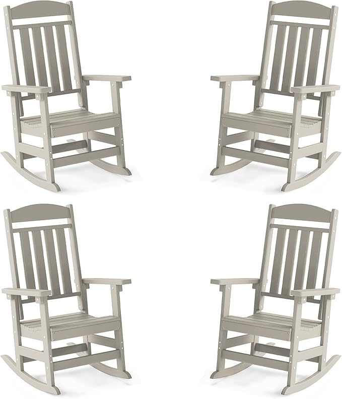 FOOWIN Outdoor Rocking Chair Set of 4, High Back Patio Rocking Chair, HDPE All Weather Resistant Porch Rocker for Adult, Oversized Rocking Chairs for Garden, Lawn, Indoor & Outdoor Use, Sand