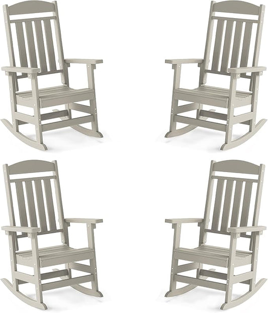 FOOWIN Outdoor Rocking Chair Set of 4, High Back Patio Rocking Chair, HDPE All Weather Resistant Porch Rocker for Adult, Oversized Rocking Chairs for Garden, Lawn, Indoor & Outdoor Use, Sand