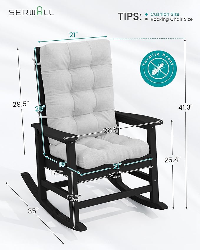 SERWALL Oversized Cushioned Outdoor Rocking Chair, HDPE Rocker with Cushion, Patio Rocking Chairs for Porch, Black Chair+Gray Cushion