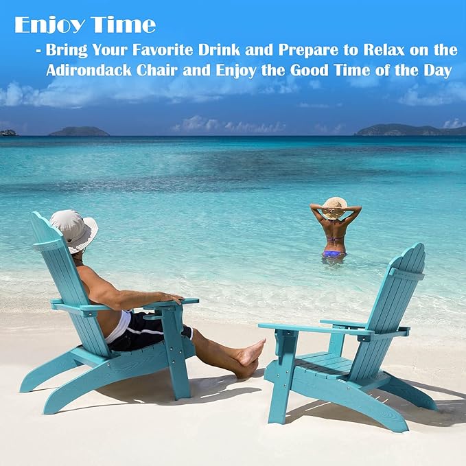 hOmeHua Oversized Adirondack Chair, HIPS Adirondack Chairs Weather Resistant with Cup Holder, Plastic Outdoor Chair for Patio, Backyard Deck, Fire Pit Lawn Porch (Lake Blue)