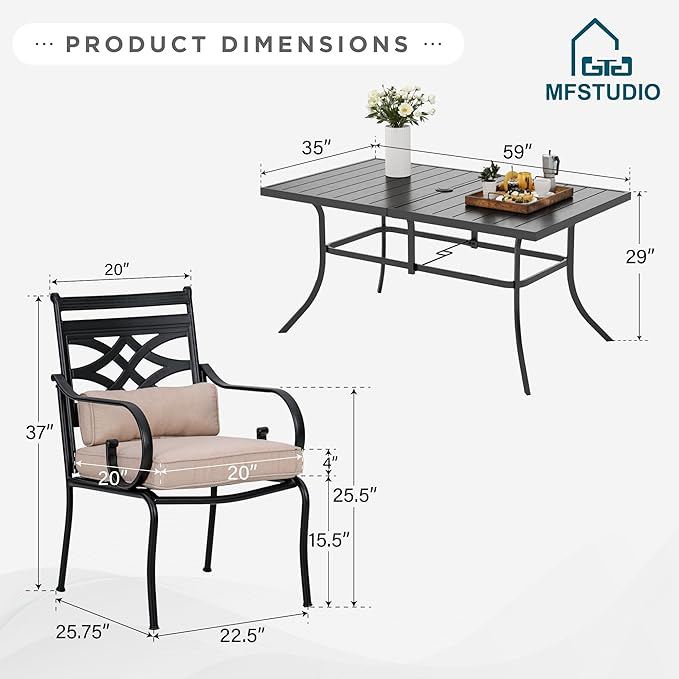 MFSTUDIO Outdoor Dining Set for 6, Patio Table and Chairs Set with Umbrella Hole, 7 Piece Patio Furniture Dining Set for Deck Backyard Garden