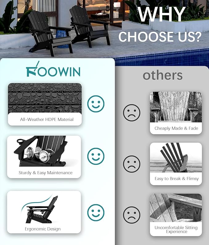 FOOWIN Adjustable Adirondack Chair Set of 2, Folding Adirondack Chair with Cup Holder, HDPE All-Weather Fire Pit Chair with 3 Recline Positions, Suitable for Patio, Garden, Backyard, Poolside, Black