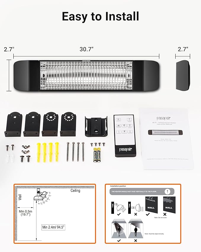 Pasapair Electric Patio Heater - Smart Infrared Indoor Heater 24H Timer with APP Control - Wall Mounted Outdoor Heater for Patio Garage - IP65 CSA Certified