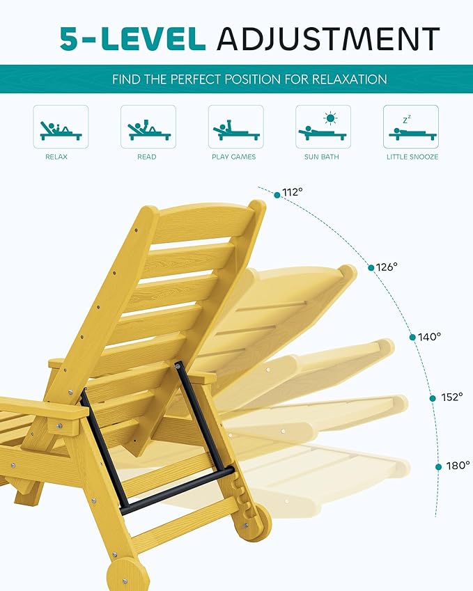 SERWALL Patio Chaise Lounge Chair, 78'' Long HDPE 5 Positions Adjustable Outdoor Lounger, Poly Lounge Chair with Rolling Wheels & Cup Holder for Pool, Lemon Yellow