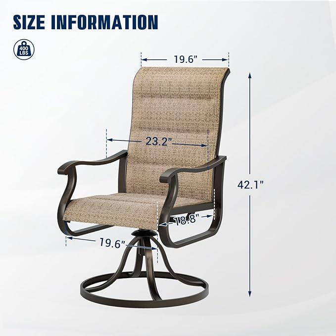 UDPATIO Patio Swivel Chairs Set of 4, Outdoor Dining Chairs High Back with Padded All Weather Breathable Textilene, Metal Rocking Frame for Backyard Lawn Garden, Brown