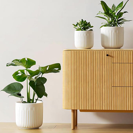 LE TAUCI Fluted Ceramic Planters Set of 3 – 8.3/7 / 5.7 in White Cylinder Indoor Plant Pots with Drainage Plug & Mesh, Matte Glazed Stoneware Flower Pots for Succulent Herb Cactus