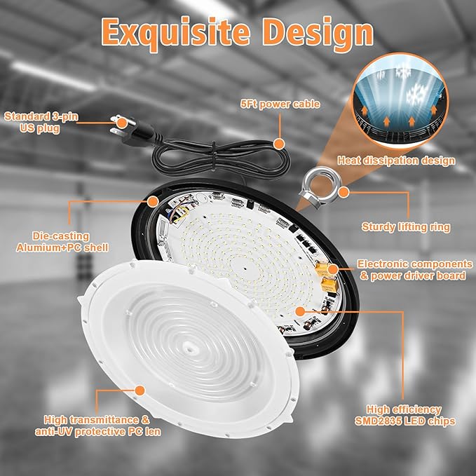 UFO LED High Bay Light, 100W 14000LM 5000K, Shop Lights for Garage, Warehouse, Gym, Barn, 5Ft Power Cord, IP65 Waterproof, 1 Pack